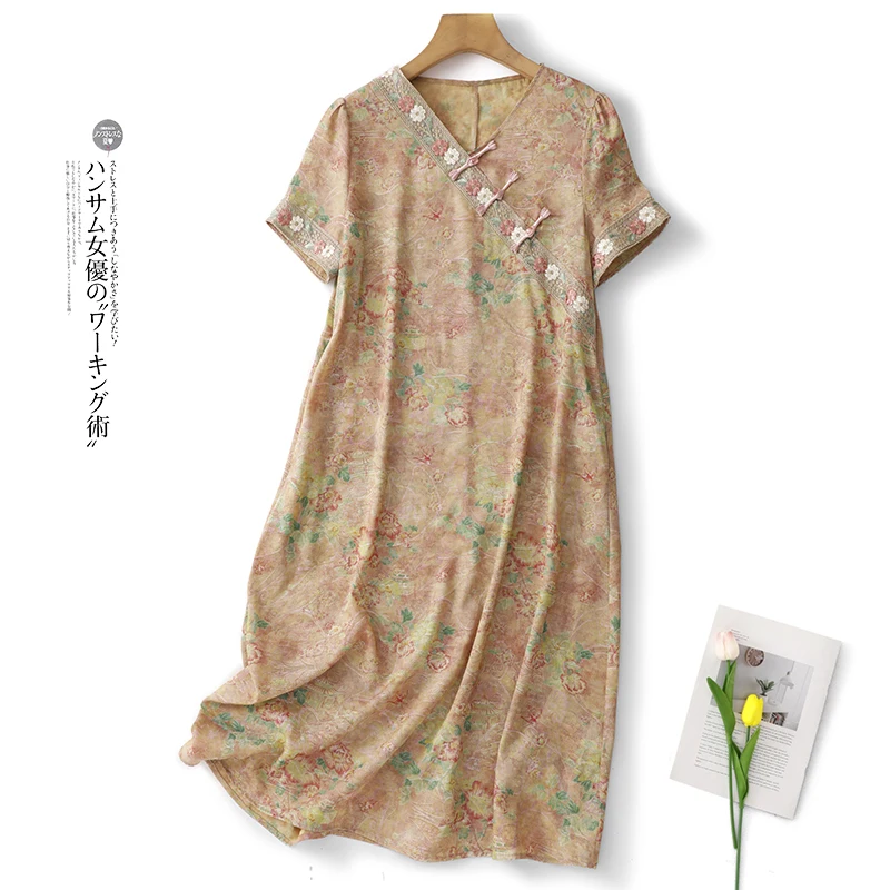 

Элегантное летнее новое платье Ципао в китайском стиле с короткими рукавами, женское свободное платье миди для похудения, халат с высокой талией и v-образным вырезом N893