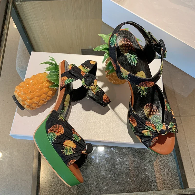 Summer New Women Pineapple High Heel Sandals Round Head Peep Toe Sandals Lady Platform Heeled Sandals Party Prom Dance Plus Size