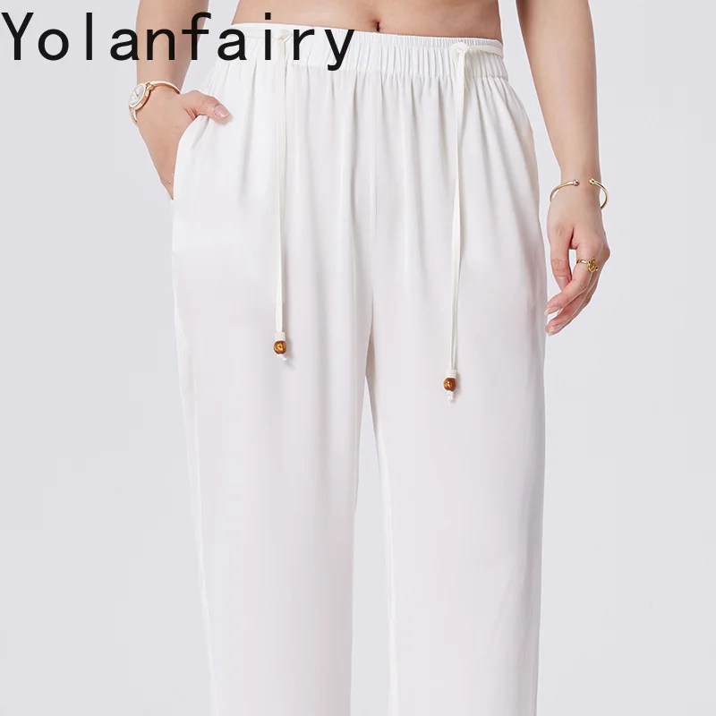 

YOLANFAIRY 95% Real Mulberry Silk Pants Woman Summer 2026 High Waist Wide-leg Pants Women Clothing Casual Pants Trousers New