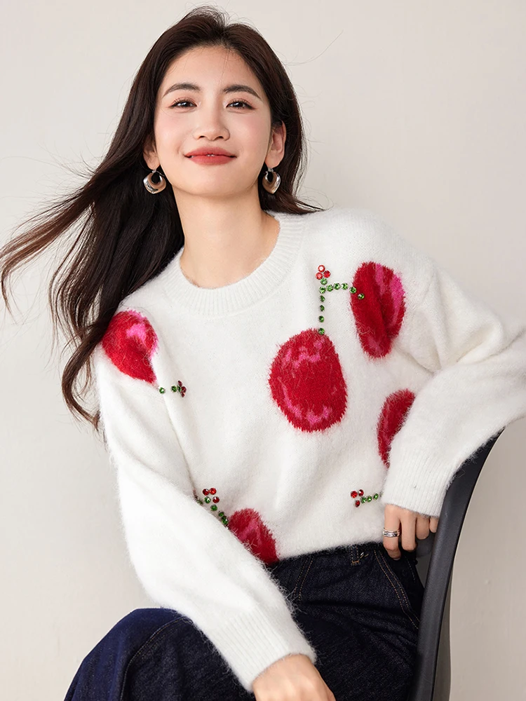 

Casual Cute Cherry Sweaters Women Lazy Style Long Sleeve O-Neck Knitted Pullovers Loose Versatile Female Sweet Knitted Tops