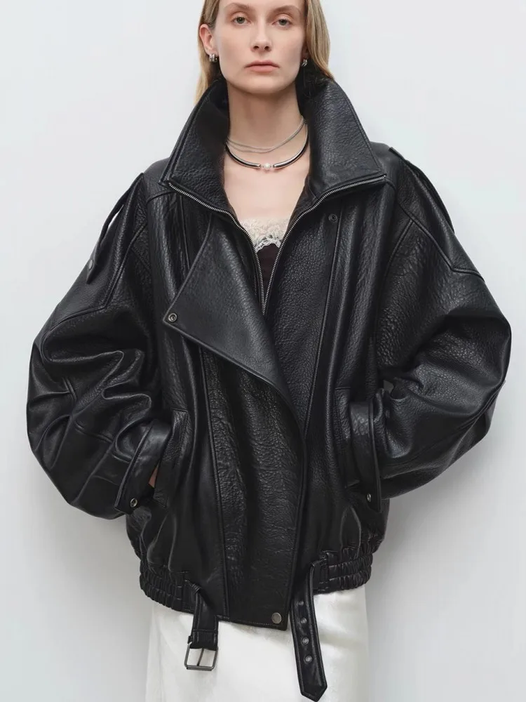 Women Casual Loose Fit Zipper Genuine Leather Jacket Double Layered Collar Streetwear Sheepskin Long Sleeves Solid Color Coat