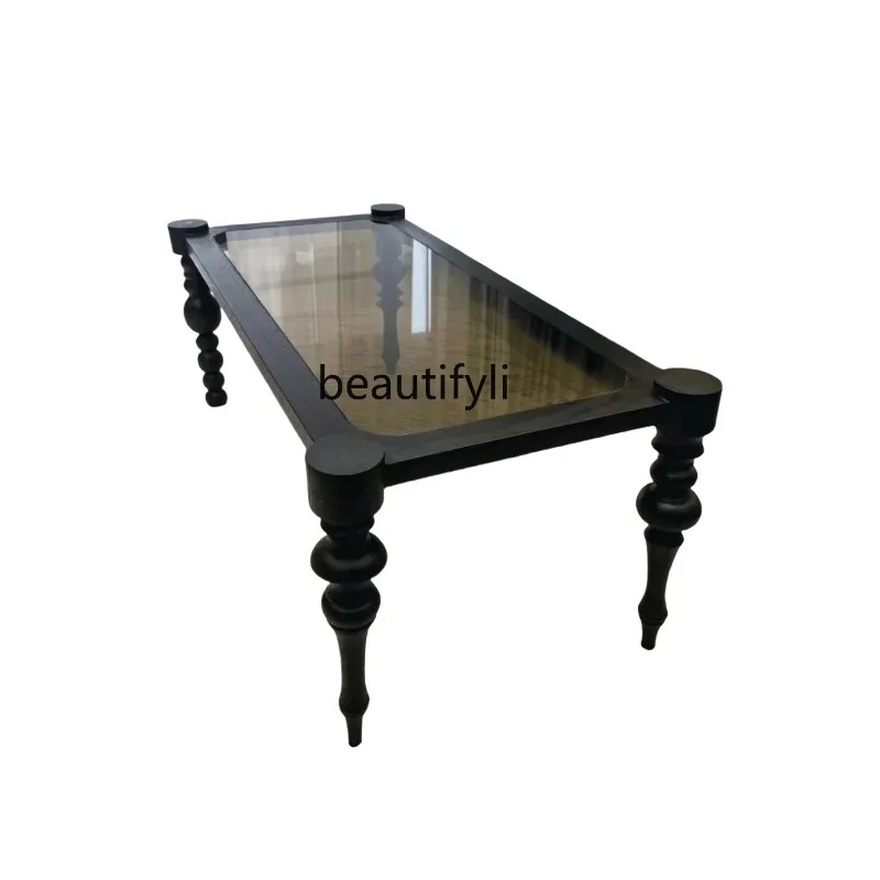 

A029 French retro black log coffee table, Nanyang style pure solid wood tea table, living room Roman column coffee table