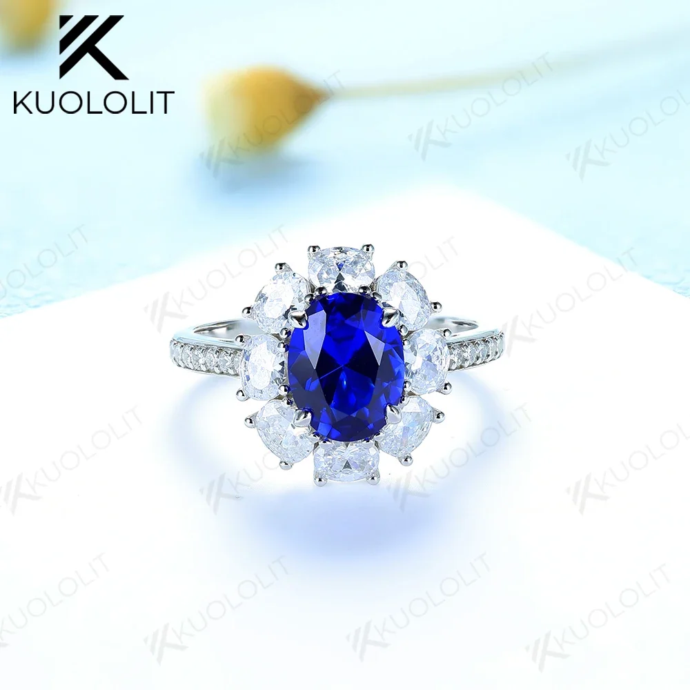 Kuololit Sapphire Oval Gemstone Rings for Women Solid 925 Sterling Silver Fine Jewelry for Wedding Engagement Party Gift for Her