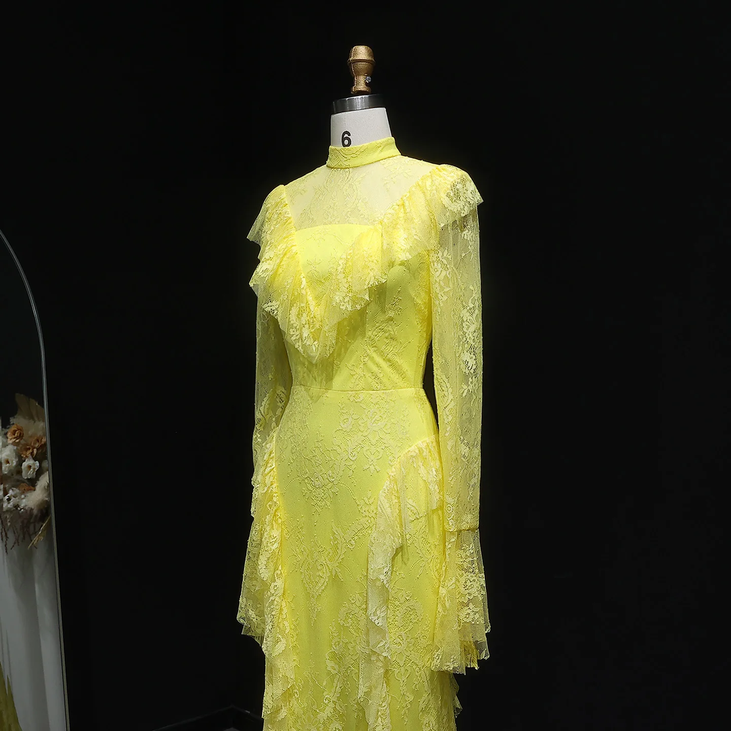 شارون سعيد أنيقة طويلة الأكمام حورية البحر مساء اللباس الأصفر الدانتيل الكشكشة النساء رداء حفلات الزفاف SF063 مخصص