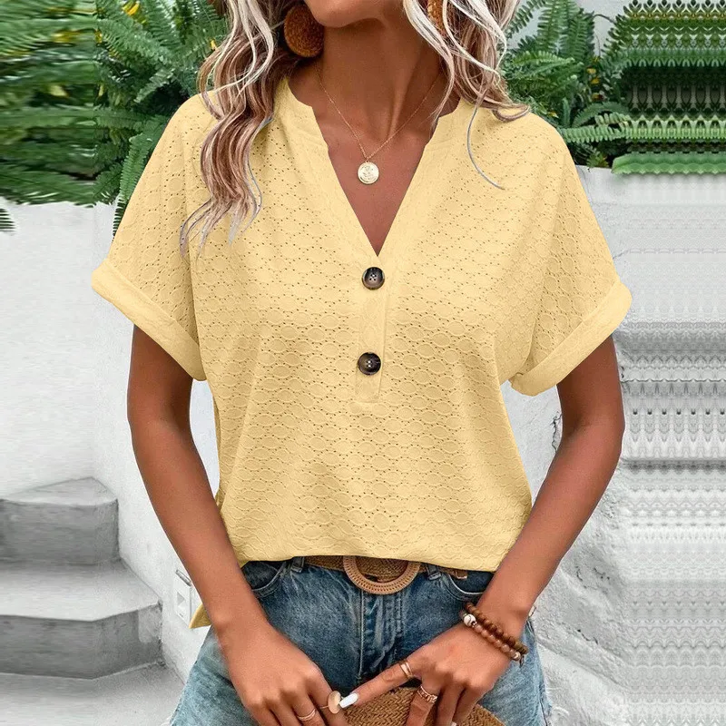 2023 Nieuwe Mode Vrouwen Blouses Casual Jacquard Knoop V-Hals Effen Losse Shirts Zomer Korte Mouw Oversized Tops Dames