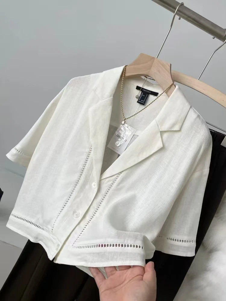 

Comfortable Linen Blend Short Sleeve Shirt Loose Fit Turn-down Collar Breathable Women's Top DP25 Summer Fashion Artistic Style