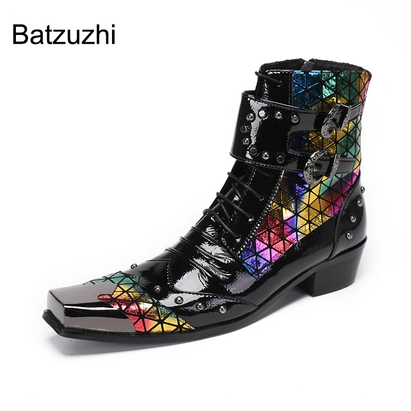 

Batzuzhi Punk Fashion Ankle Leather Boots for Men Square Toe Zip Buckle Color Motorcycle, Party, Runway Boots Man, Big Sizes 46!