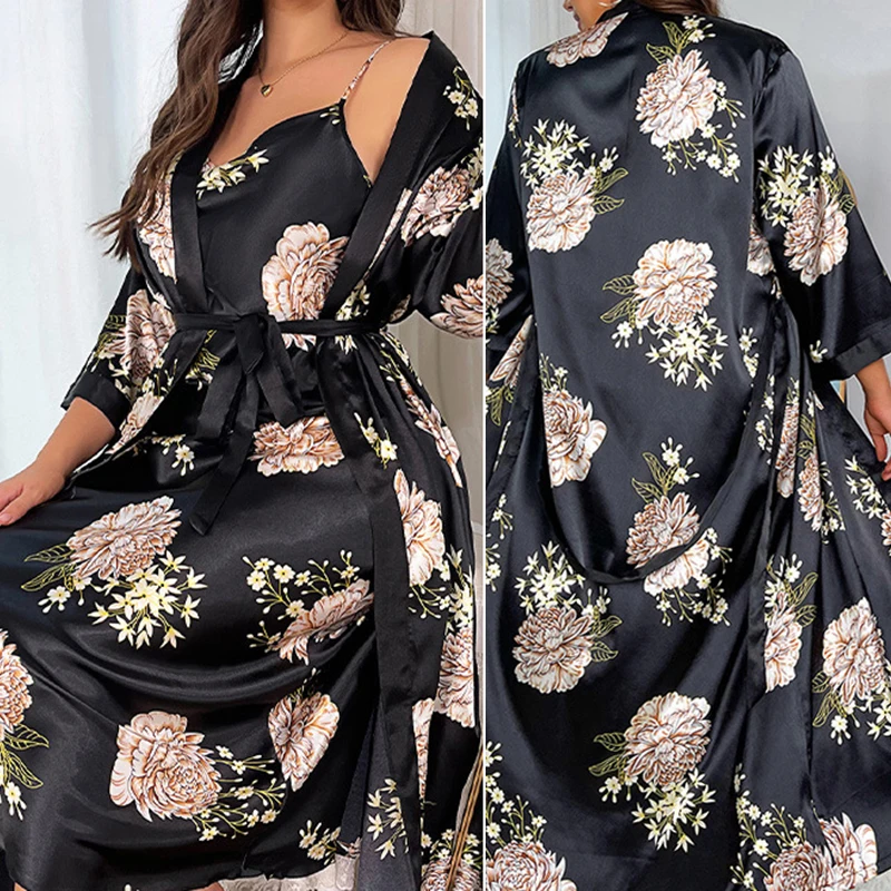 

Plus Size 5XL Long Robe Female Print Flower Kimono Bathrobe Gown New Spring Summer Satin Sleepwear Nightgown Loose Home Wear