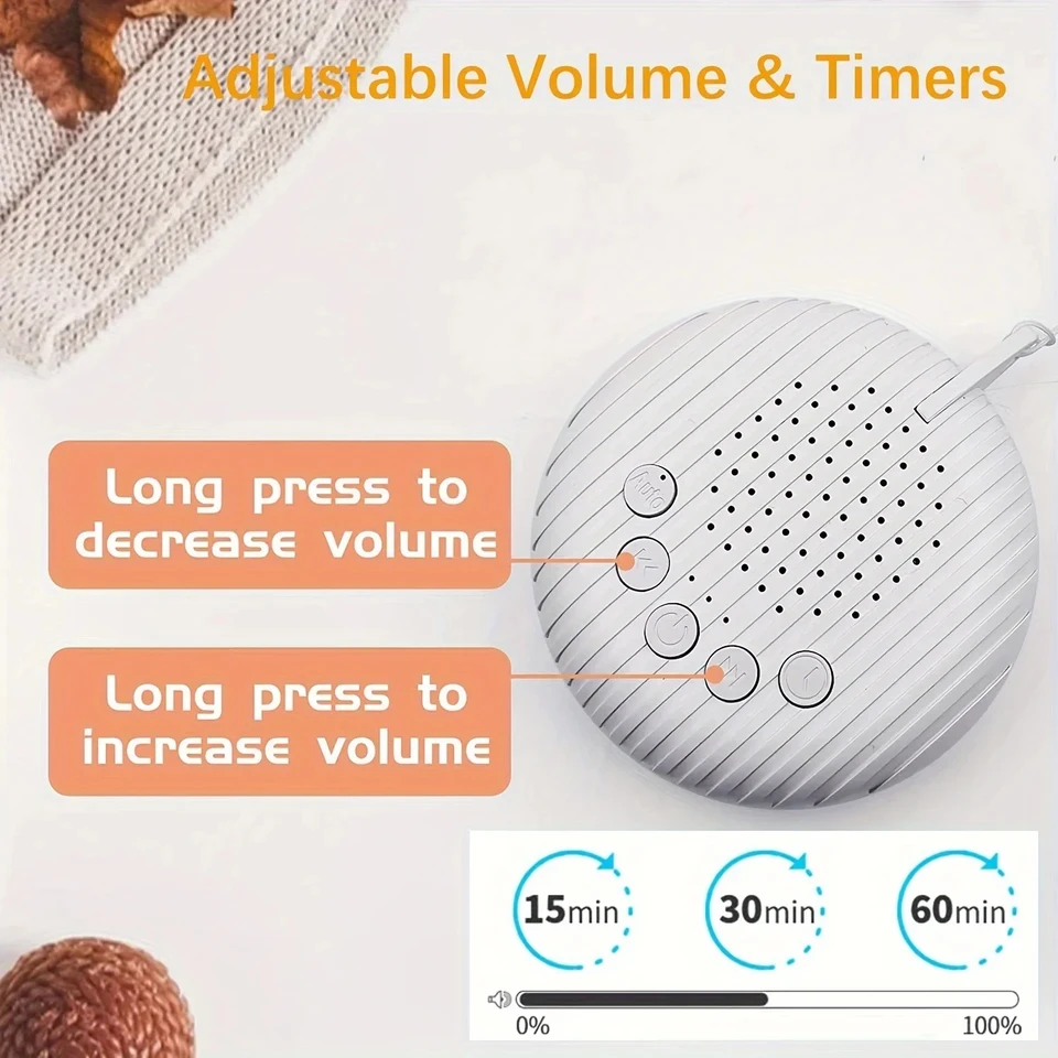 Máquina de Sonido Blanco Portátil para Dormir Bebés, 10 Sonidos Relajantes, Volumen Ajustable, Batería Recargable Integrada, USB