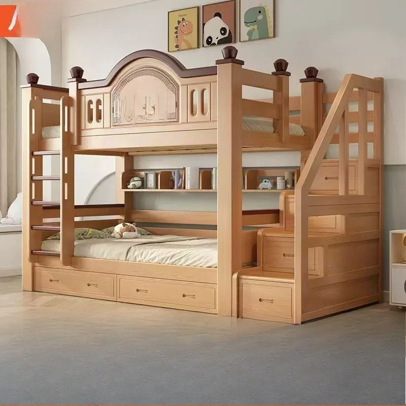 Thickened solid wood upper and lower beds Children's storage Double-layer heightened guardrail bed