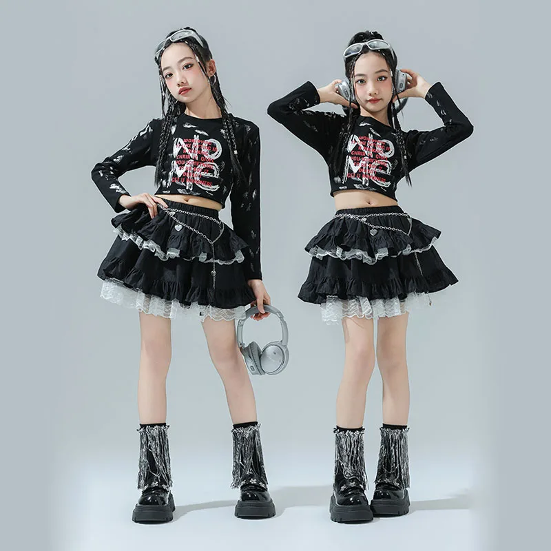 Kid Hip Hop Clothing Letter Print Crop Top Long Sleeve T Shirt Black Layered Lace Skirt for Girl Jazz Dance Wear Costume Clothes