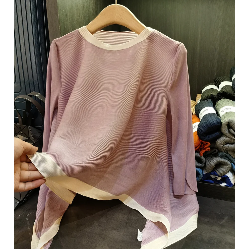 Miyake plissé été nouveau Style couleur bloc col rond trois-quarts manches ample haut plissé polyvalent T-Shirt pour les femmes