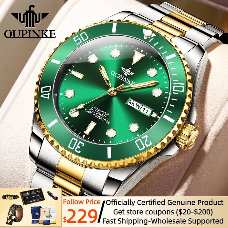 OUPINKE Japan ​Automatic Movement Watch for Men Luxury Green Water Ghost Sapphire Mirror Stainless Steel Men\'s Wristwatches New