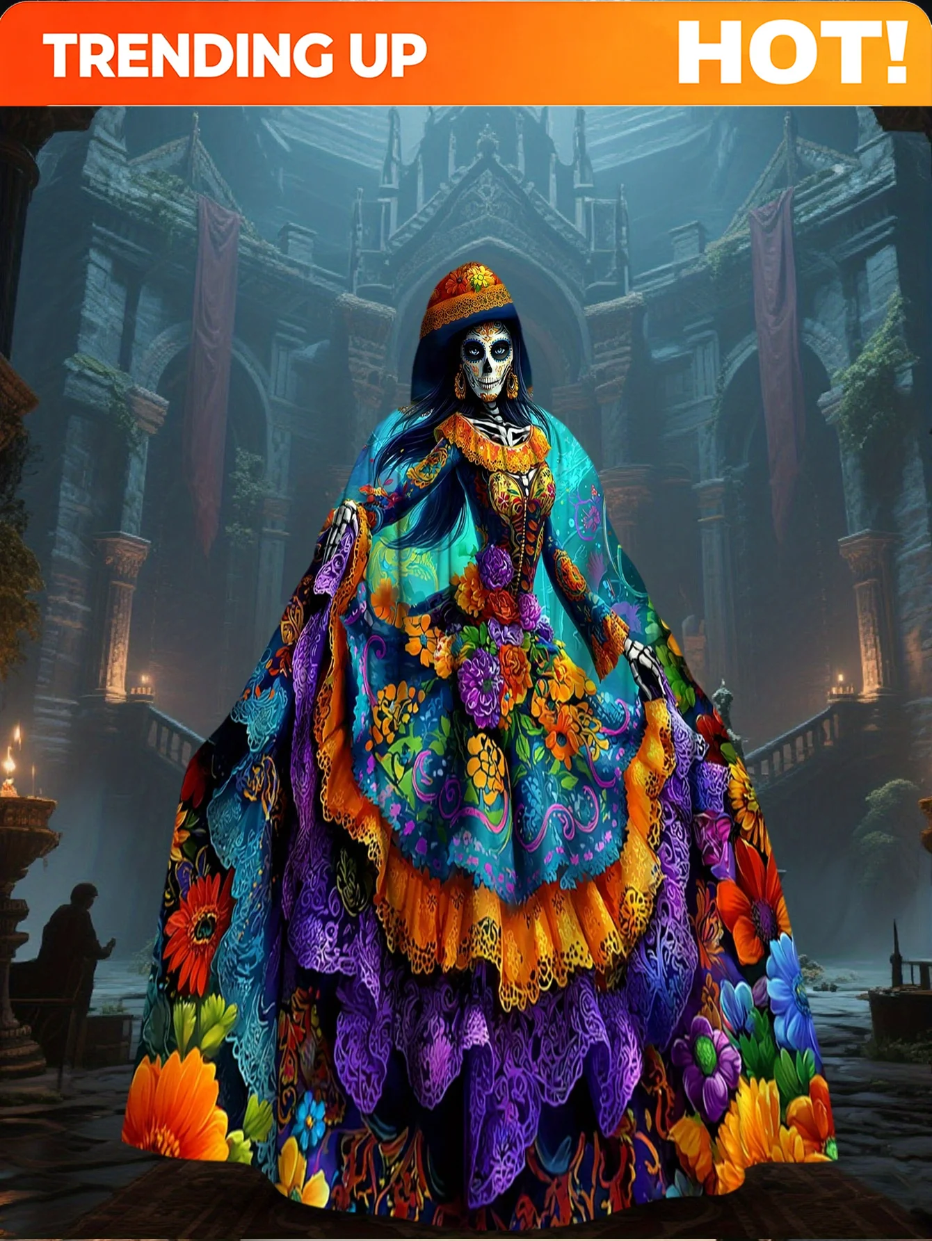 Customization 1pc 2D Flat Printing Vibrant Classic Cloak Skull Floral 1 100% Polyester All Season Perfect For Fall Winter Perfor