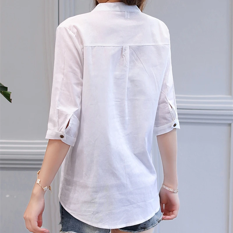 Autumn Cotton Linen V-Neck Blouse Shirt Women Summer Half Sleeve Fashion White OL Blouse V-neck Casual Women Tops Blusas D377