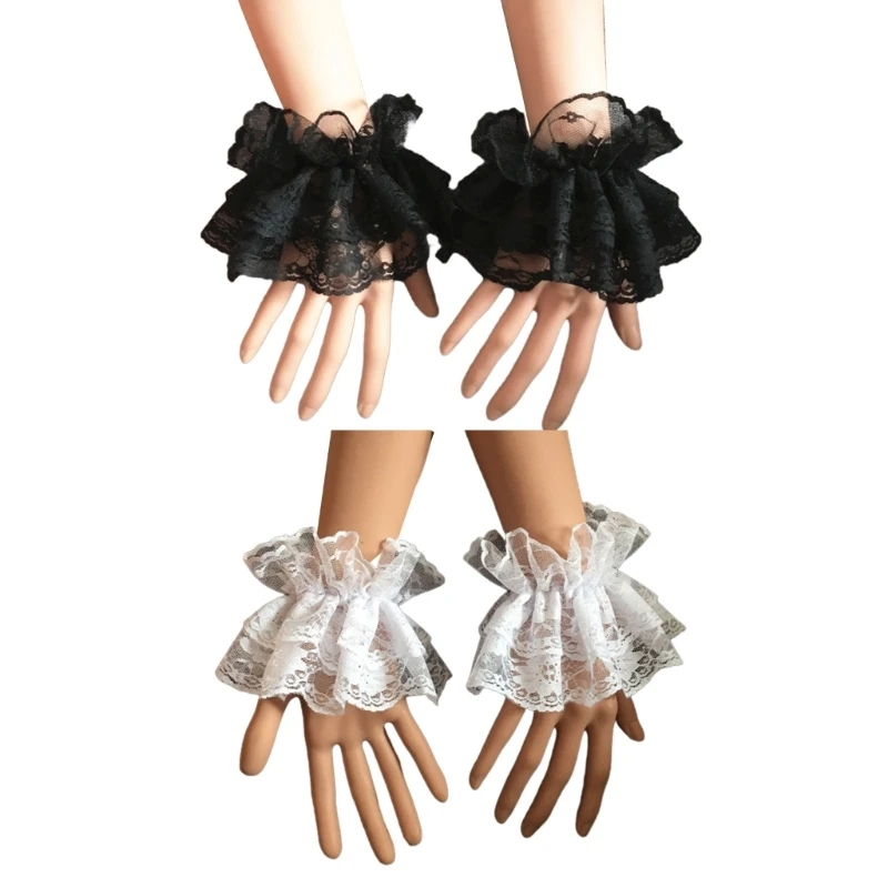 Woman Decorative Lace Sleeves with Lace Flower Pattern Pleated Fake Cuffs