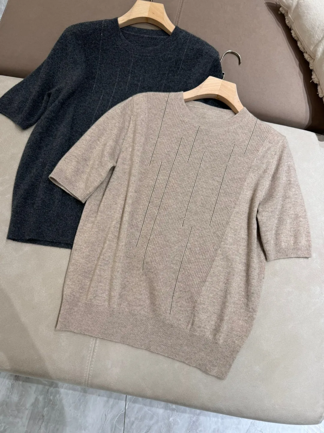 Casual basic solid color short sleeved round neck 100% cashmere sweater