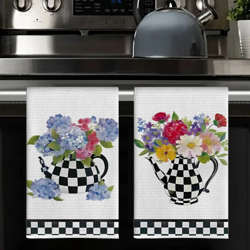 2Pcs, Black and White Checkered Teapot Hydrangea Kitchen Towel, 40Cm*60Cm Towel Set, Best Kitchen Towel, Super Absorbent Soft Cleaning Cloth, Cooking and Baking Tea Towel, Hand Towel, Cleaning Cloth, Dishwashing Cloth, Kitchen Decoration, Living Room Decoration, Kitchen Essentials, Home Essentials
