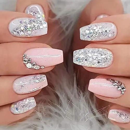 2024 Medium on Silver Glitter Press Square Fake Nails with Rhinestones Glossy Pink White Artificial False Nails for Women Girls