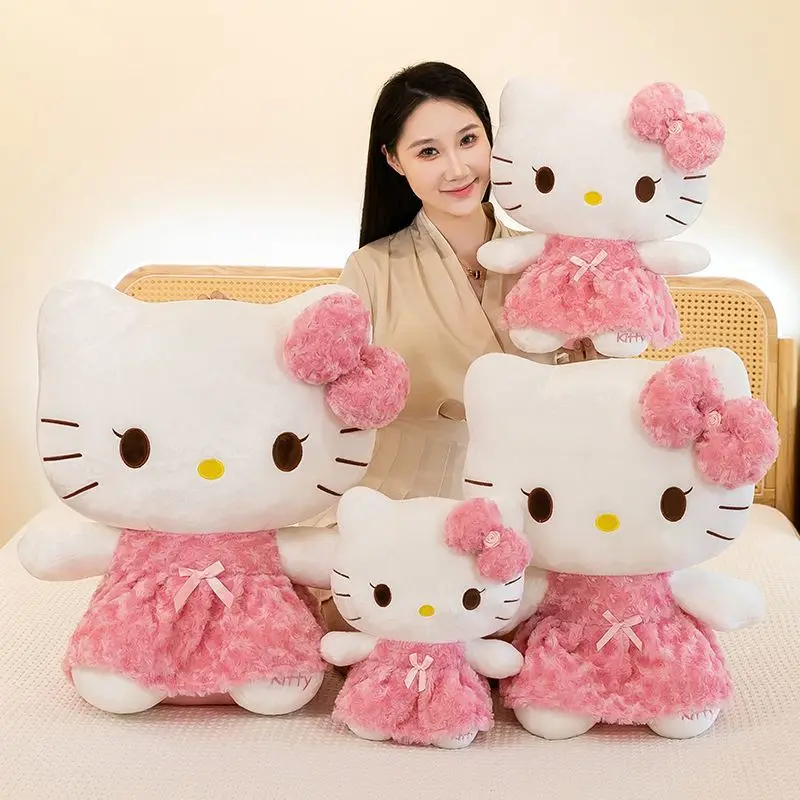 Sanrio Characters Plush Doll Hello Kitty My Melody Cute Pink Rose Fur Dress Soft Stuffed Toy Pillow Birthday Gift for Girls Fans
