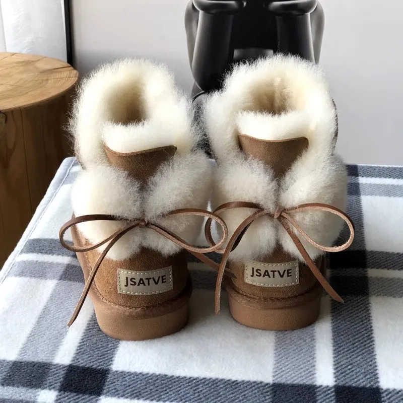 High Quality Women's Boots Sweet Bow Snow Boots Real Sheepskin Leather Natural Fur Winter Boots Thick Wool  Women's Warm Shoes