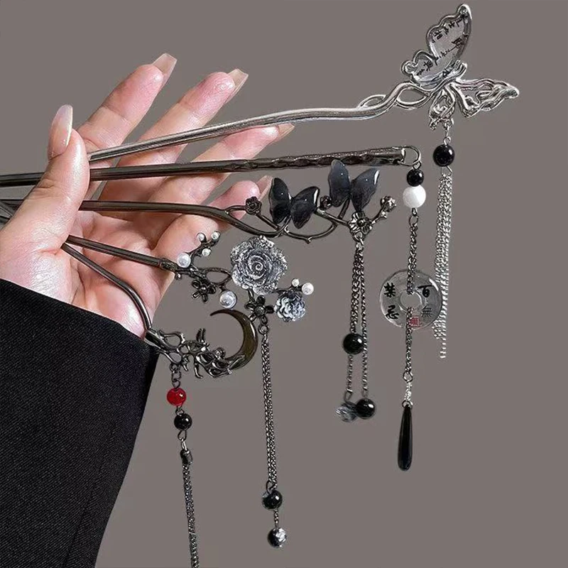 여자를위한 고대 중국 스타일 우아한 나비 술 머리 스틱 여자 클래식 머리핀 헤어 액세서리