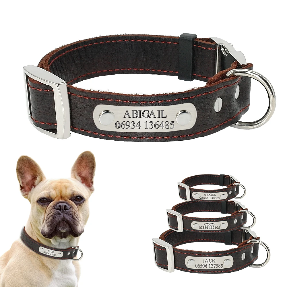 

Real Leather Dog Collar Personalized Dogs Buckle Collars Anti-lost Engraved Name Tag Plate for Small Medium Dogs Pitbull Pug