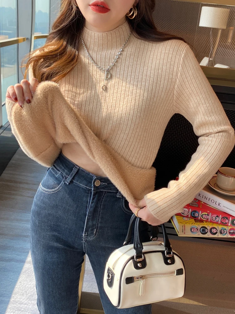 2025 Autumn Winter Thick Semi High Neck Bottoming Sweater for Women Warm Long Sleeved Faux Mink Fur Sweater Elegant Pullover