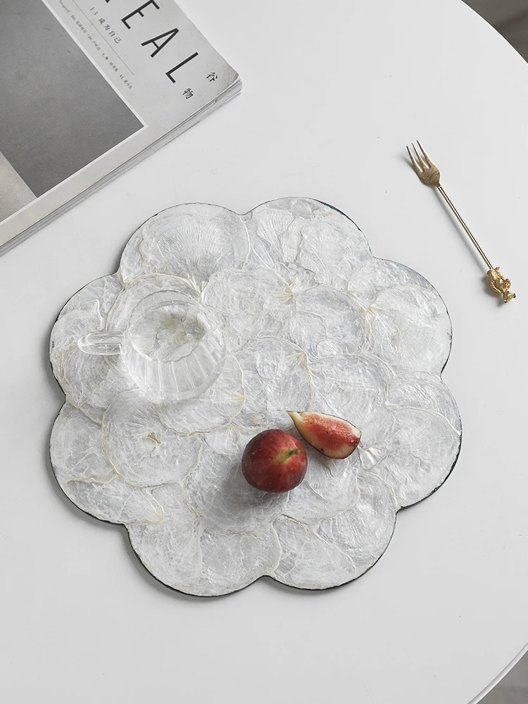 AhunderJiaz Light Luxury Natural Shell Tray Dining Table Insulating Mat Desktop Organizer Flower Trimmed Decorative Placemats