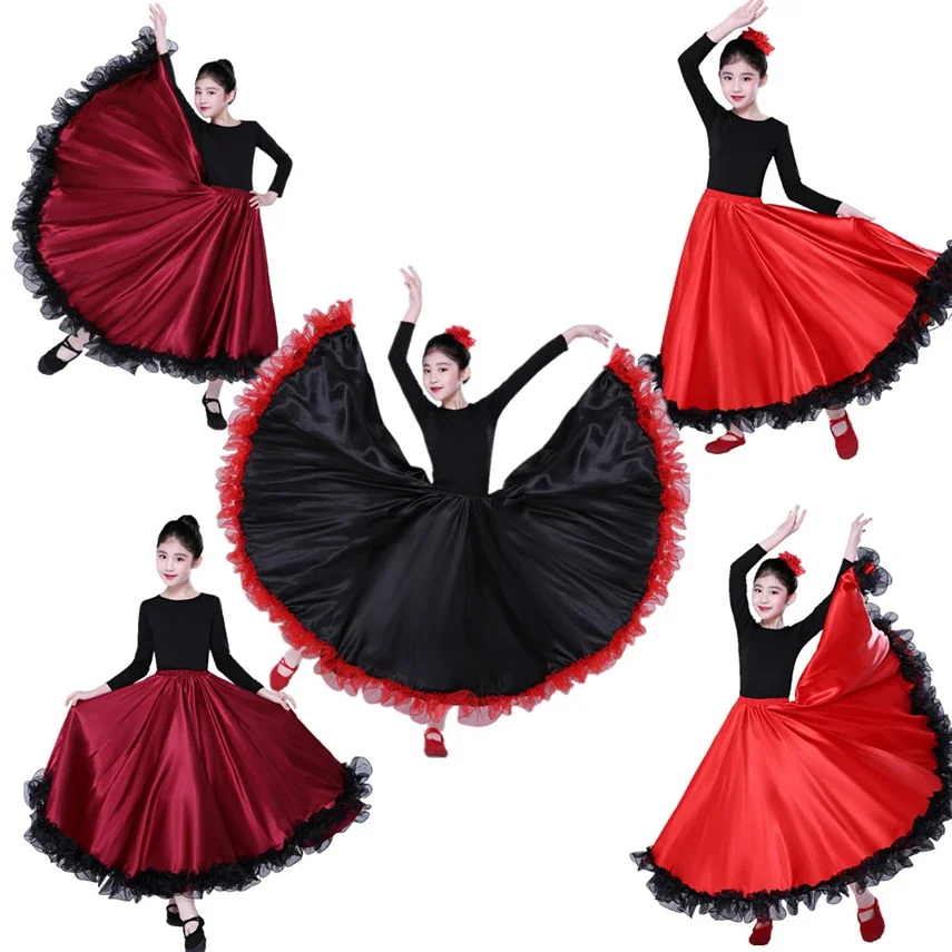 Spanish Dress Kids Flamenco Dance Costume Gypsy Skirts 360 540 720 Degree Children 100-150CM Girl Boy Big Swing Dress Ballroom