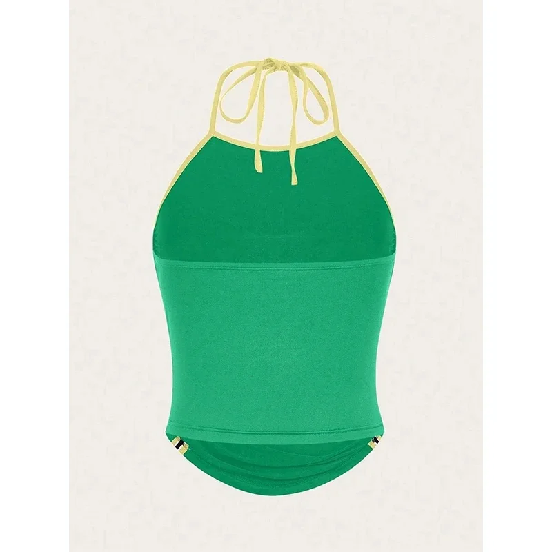 

2025 summer women's Y2K printed slim neck tank top, neck hanging tank top, sexy and hot beach outdoor wear