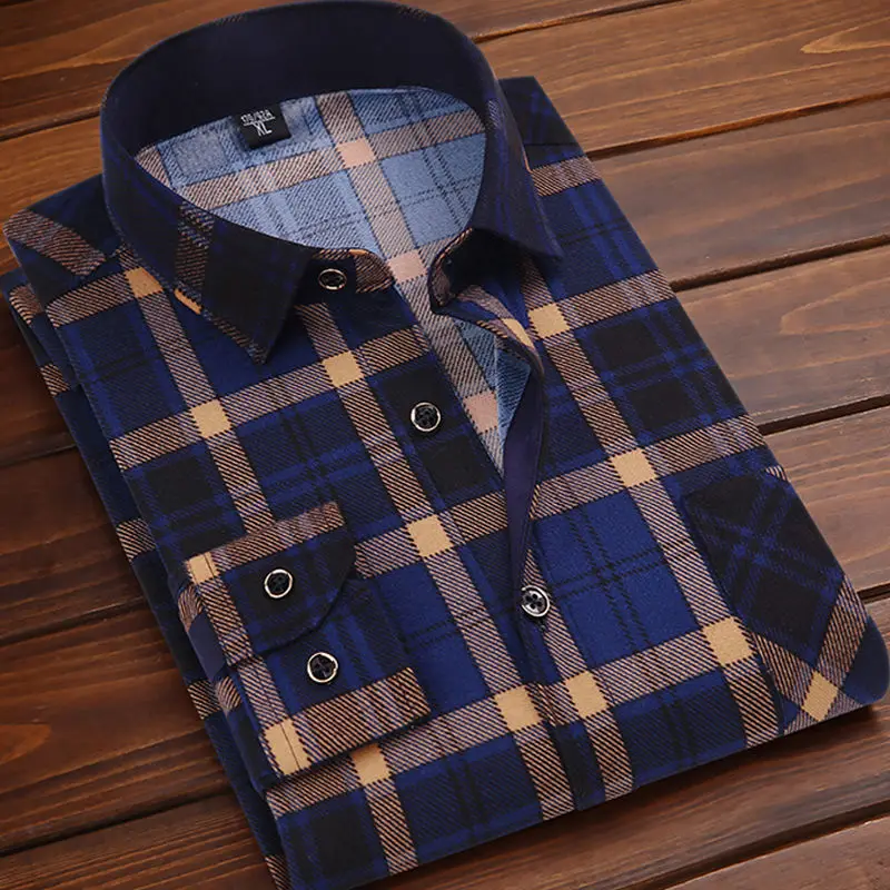 2022 Spring Men's Long Sleeve Plaid Striped Casual Shirt Front Patch Chest Pocket Regular-fit Work Shirts Male Flannel Shirt 4XL