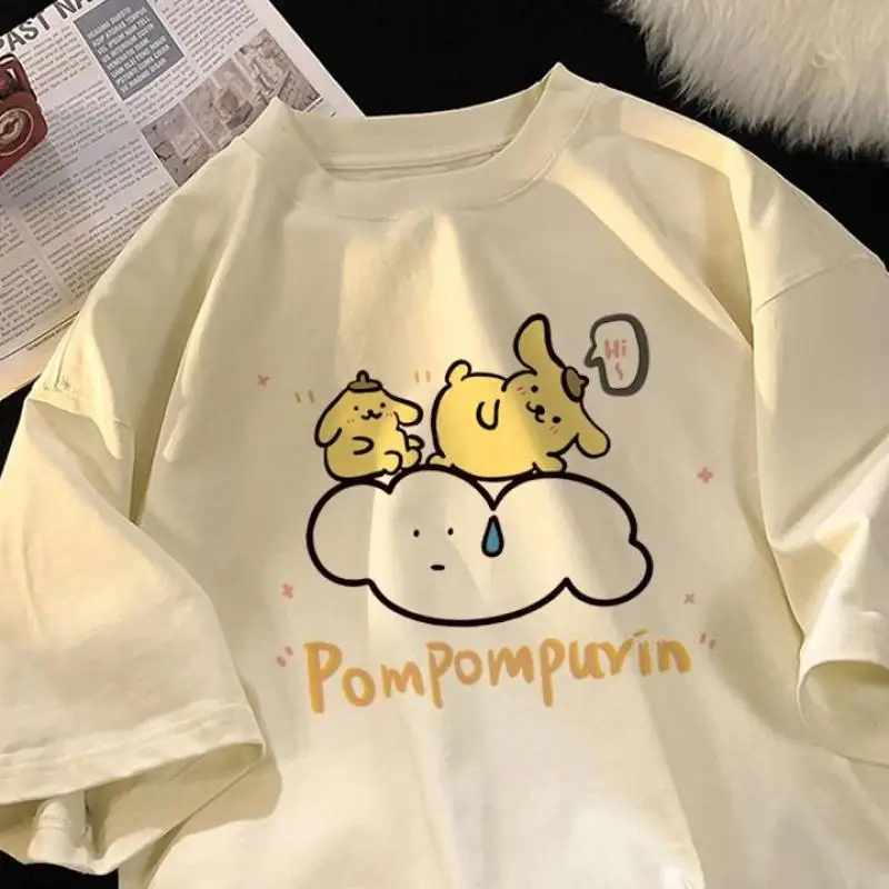 

Новинка футболка Sanrio Kawali Pompompurin с коротким рукавом Женская Удобная Аниме подарок другу на день рождения игрушки для девочек