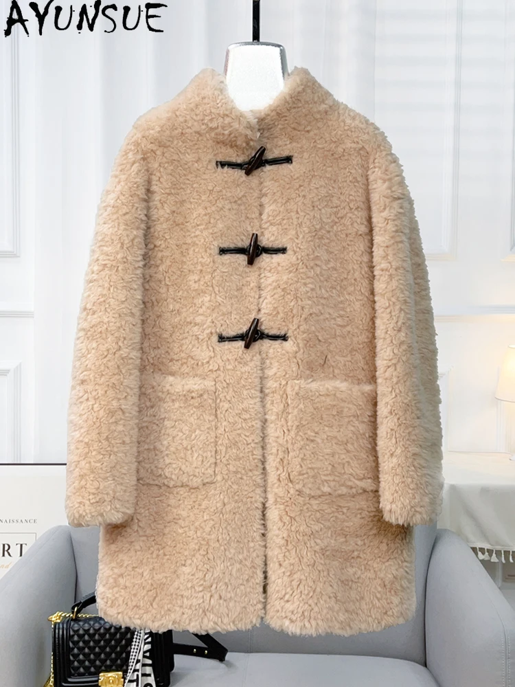 AYUNSUE 100% Natural Wool Women's Coat Mid Length Lamb Fur Coats for Woman Clothes High Quality New in Outerwears Abrigo Mujer