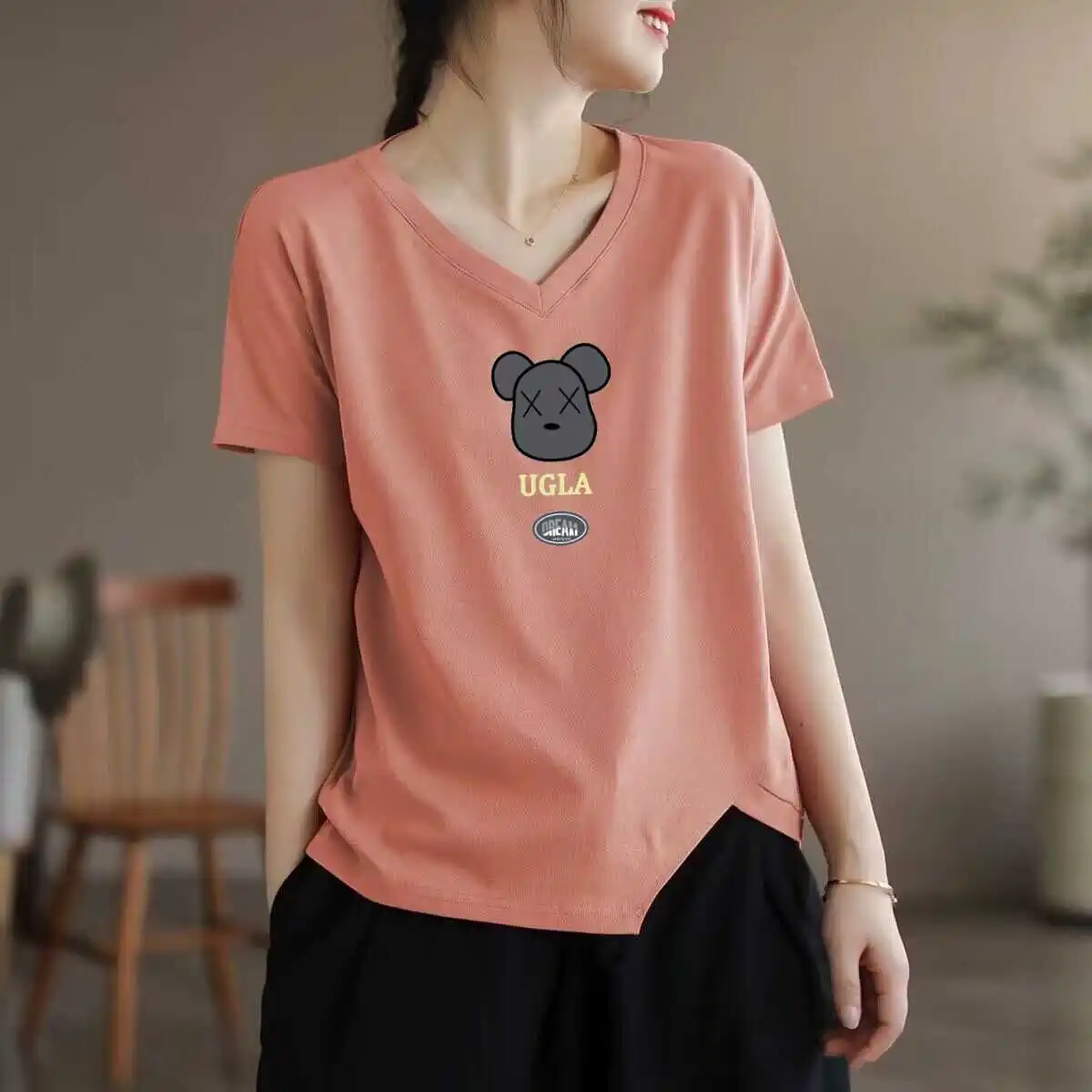 Retro Loose Short Sleeve T-Shirt Women's Casual Comfortable plus Size Hidden Belly Print Top V-Neck Regular Fit Summer Tee