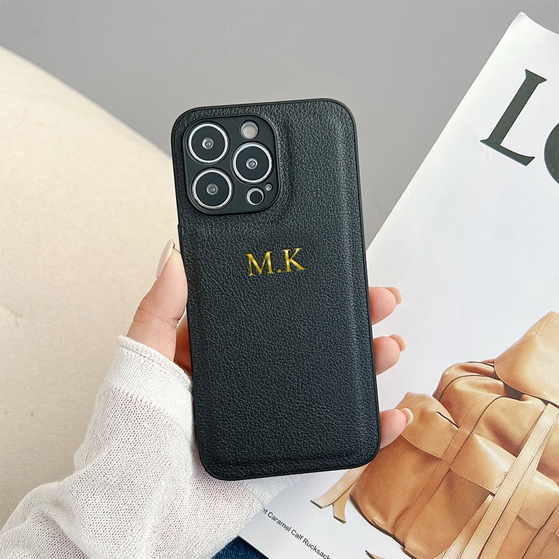 Korea Personalise Name Letters Leather PU Soft Phone Case For iPhone 16 14 13 12 11 Pro Max Plus Lens Protection Luxury Cover