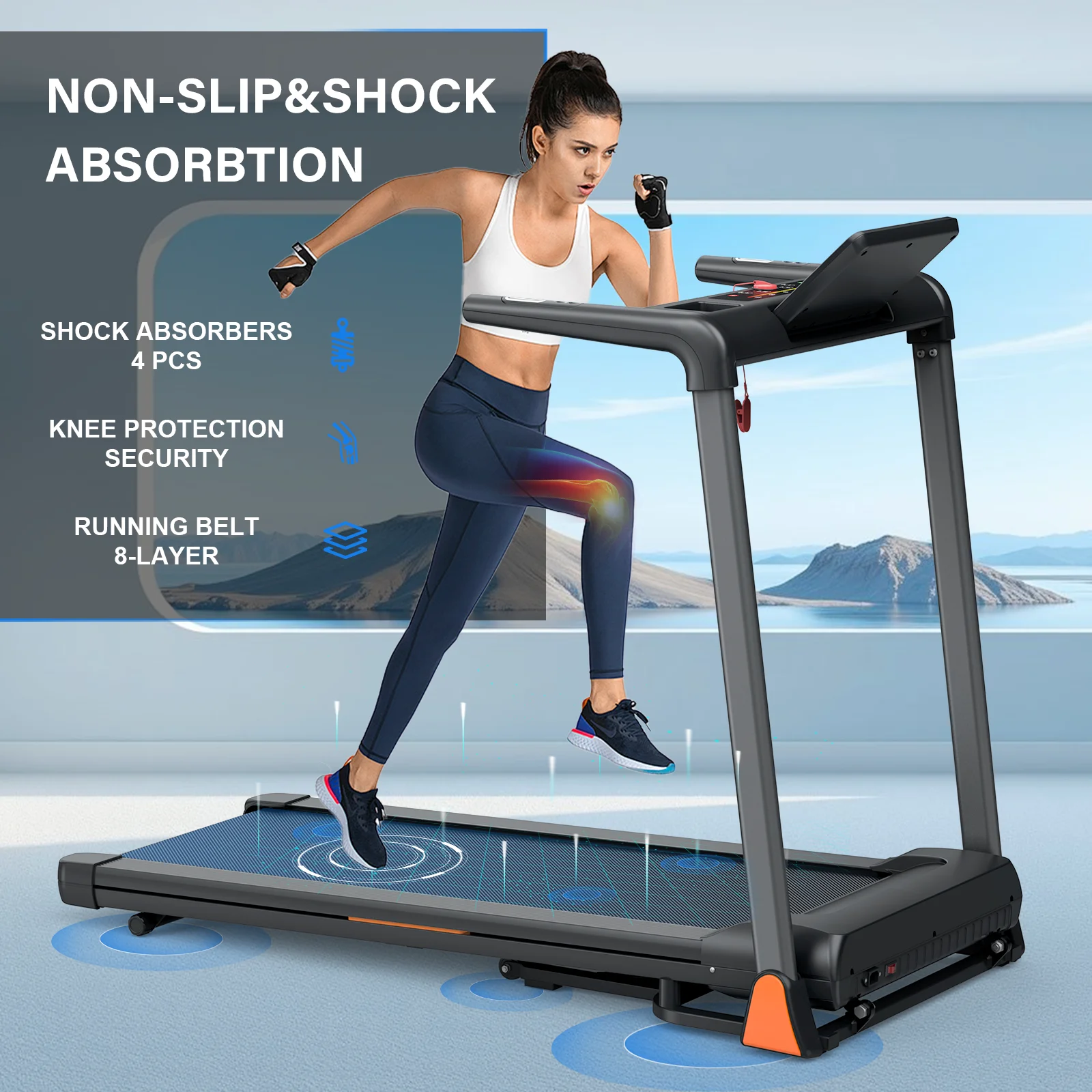 Budget Premium Foldable Treadmill, 8-layer Shock-Absorbing Belt, LCD Display, Max Load 330Lbs for Home