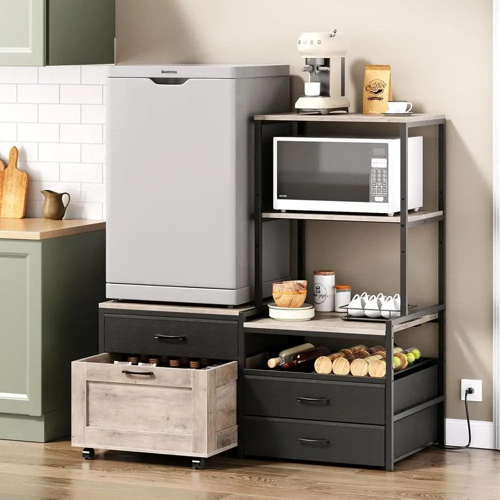

Kitchen Storage Stand with Wine Rack and Power Outlet for Microwave, Coffee Bar, and Office Essentials in Grey
