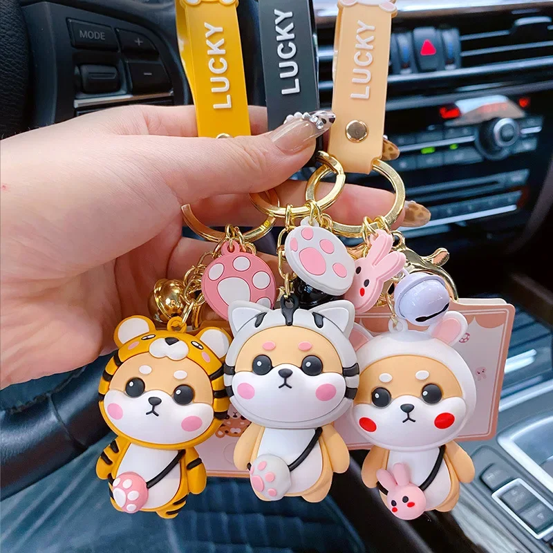 Cartoon PVC Animal Toys Keyring for Women Bag Pendant Cute Tiger Pattern Coat Shiba Inu Dog Keychain Men Car Keyfob Jewelry Gift