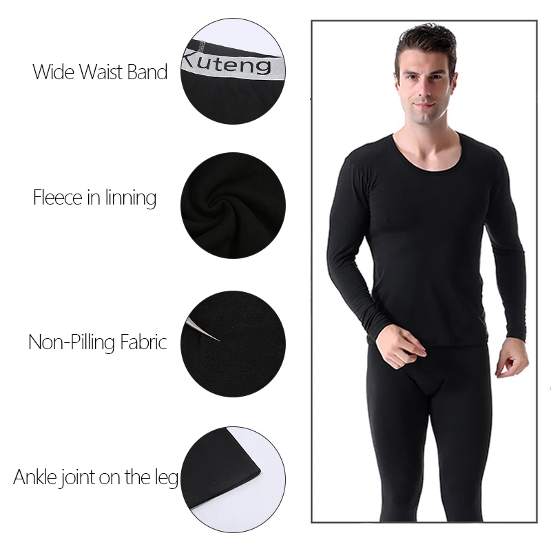 2Pcs Mens Underwear Winter Long Sleeve Thermal Underwear Thick Fleece T-shirt Round Neck Slim Bottoming Shirt and Pants White