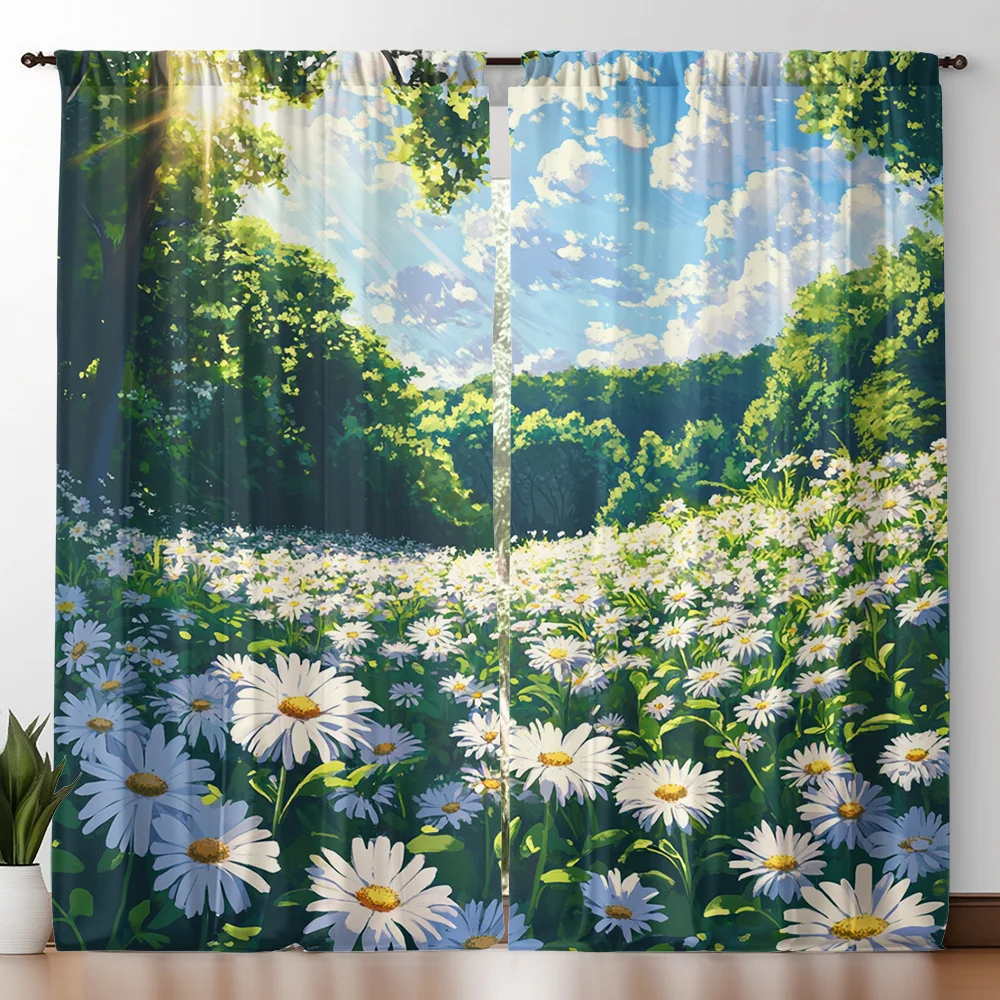 Daisy Meadow & Sunlight Forest Curtains Set of 2 Rod Pocket Semi Sheer for Living Room Bedroom Decor