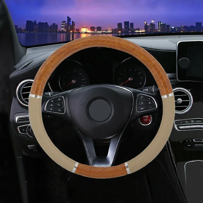 Universal 38cm Auto Steering Wheel Cover Wood Grain Hand Sewing Leather Non-slip Wear Resistant Fashion DIY Car Interior Styling