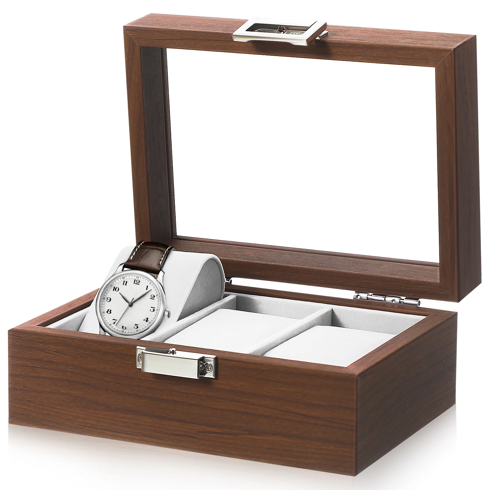 

3 Watch Storage Box Walnut Wood Grain Display Case for Men Soft Velvet Lining Dustproof Watch ganizer Jewelry Box
