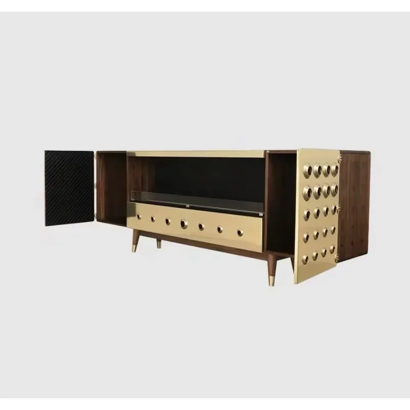 High-end Extra-long TV Stand Gold Walnut Wood & Metal Contemporary Cabinets Fireplace Bedroom Office Living Room