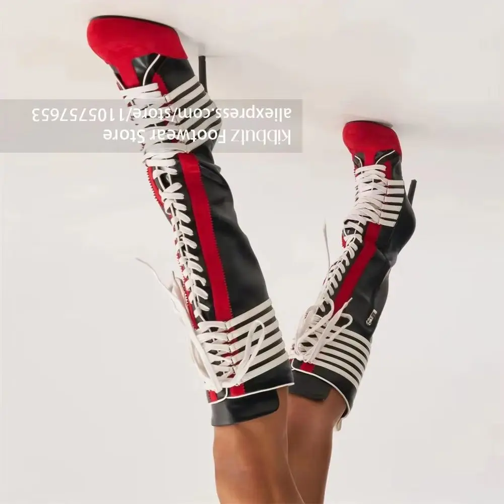 White Horizontal Strip Decor Boots Sharp Pointed Toe Boots Pull Tab At Back Boots Contrast Color Panel Design Stiletto Boots