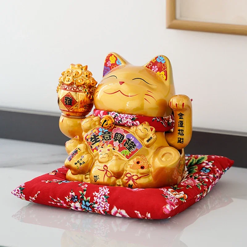 7.5 Inch Ceramic Maneki Neko Ornament Gold Porcelain Lucky Fortune Cat Chinese Feng Shui Decoration Beckoning Cat Waving Arm