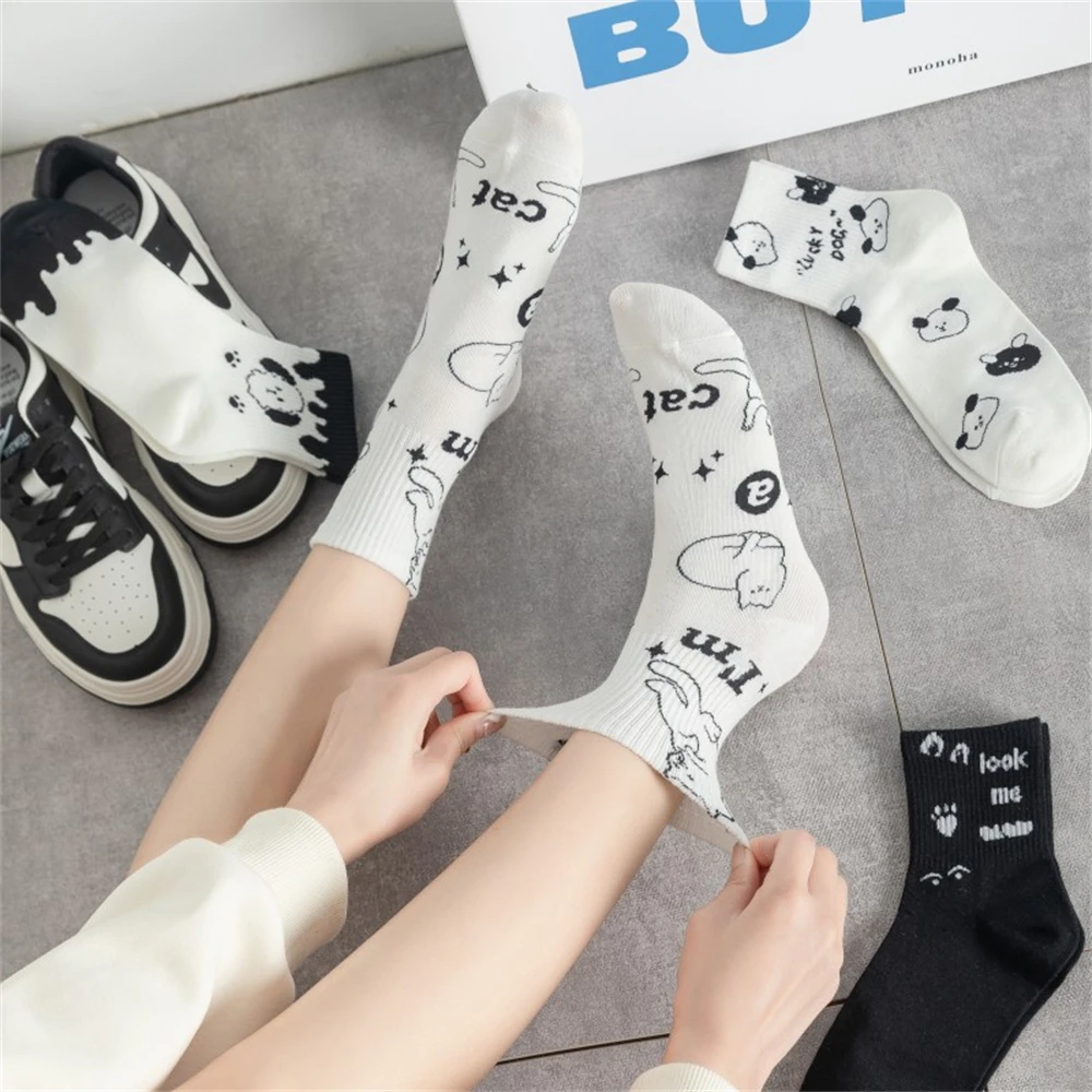 Ins New Black White Animal Panda Footprint Puppy Kitten Bear Unisex Mid Tube Soft Cotton Korean Cute Cartoon Japanese Streetwear