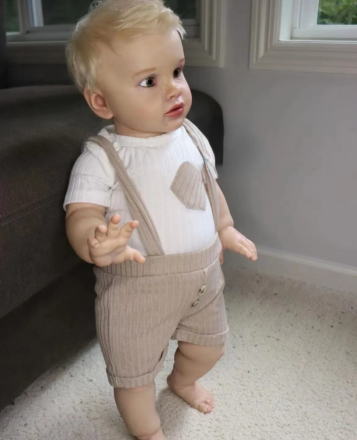 DLS Customzied Limited Supply 26inch Reborn Baby Doll Pippa Boy Version Freckles On the Face With Hand-Rooted White Short Hair