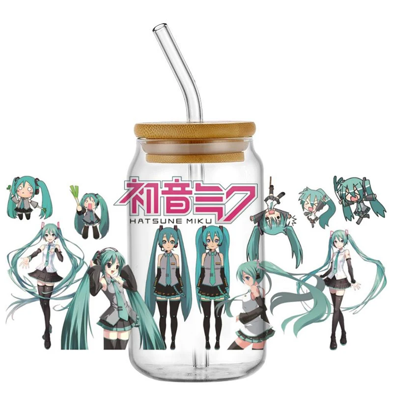 Hatsune Miku UV DTF Cup Wrap 16oz Uvdtf Bottle Glass DIY Selfadhesive Washable Transfer Stickers Durable Glass Car Decals view 5