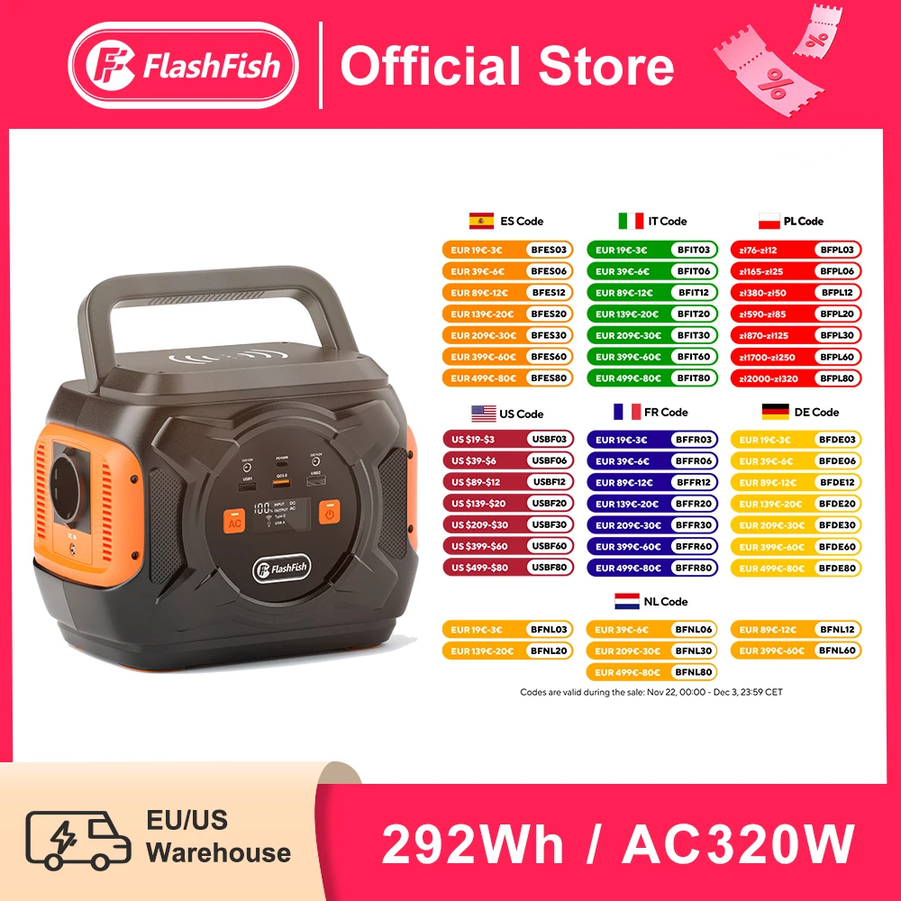 FF Flashfish Power Station 320W Portable Solar Generator 110V 230V Pure Sine Wave AC Output 292Wh Lithium Batteries Power Supply